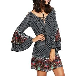 Bohemian Dress Beautiful Colors Bell Sleeves Lace up at Front and Should…
